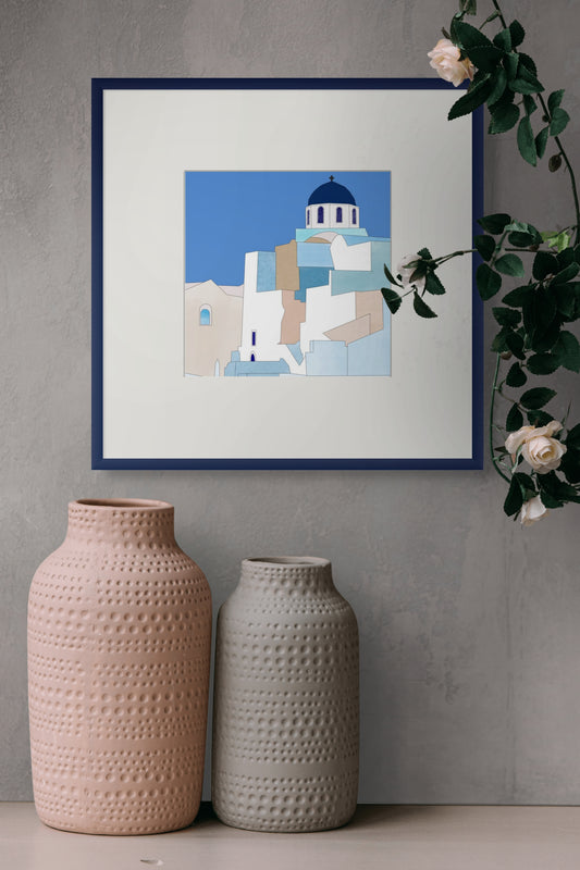 Greek Island Architecture Art Print – Santorini-Inspired Blue & White Wall Decor – Modern Mediterranean Art